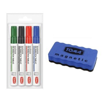 Marker do białych tablic 4 sztuki + ścieracz TOMA