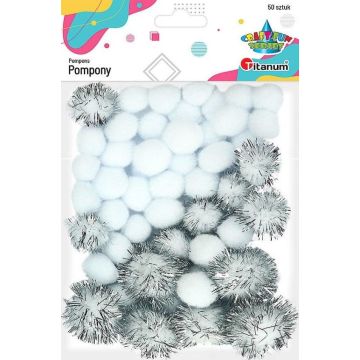 Pompony poliestrowe i brokatowe białe 50szt.