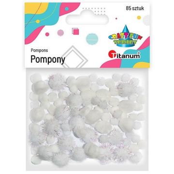 Pompony akrylowe i brokatowe mix białe 85szt.