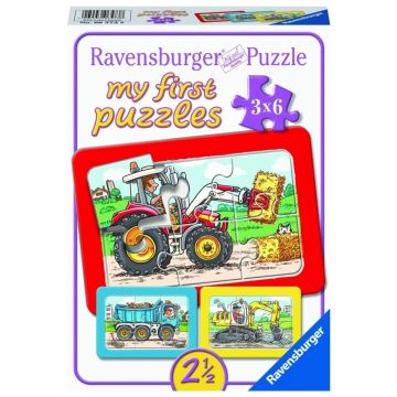 Puzzle 3x6 Traktor, koparka i ciężarówka