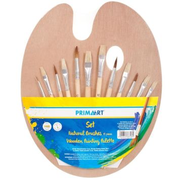 Zestaw pędzle naturalne 12szt + paletka drew. 30cm
