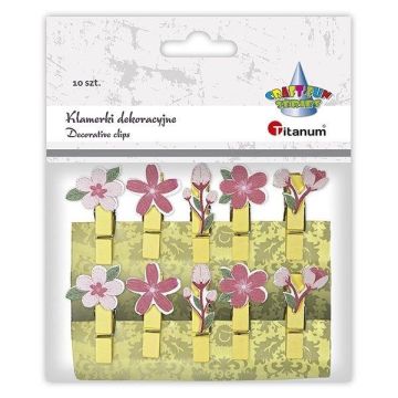 Klamerki drewniane z dekorem kwiaty mix 10szt