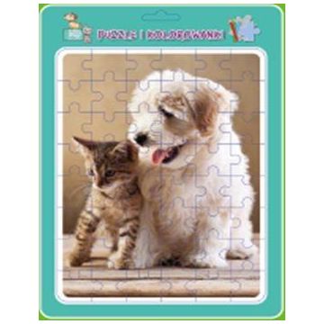 Puzzle w ramce z kolorowanką. Piesek z kotkiem