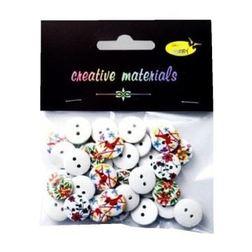 Guziki drewniane białe nadruk kwiaty 15mm 15g