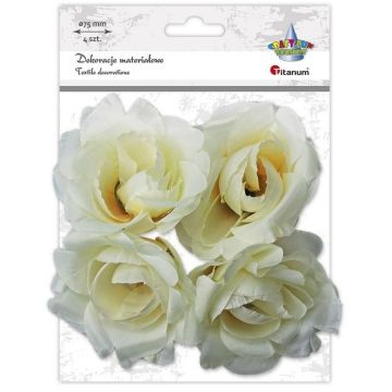 Materiałowe róże 3D 75mm białe na druciku 4szt