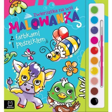 Malowanka z farbkami i pędzelkiem. Zwierzątka