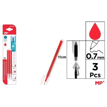 Wkłady do długopisów ścieralnych czerw. 0.7mm 3szt