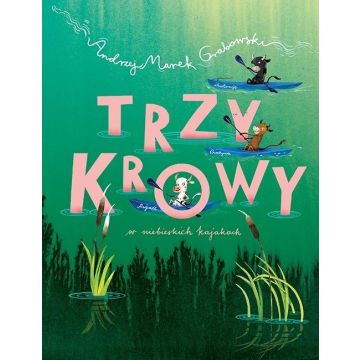 Trzy krowy w niebieskich kajakach