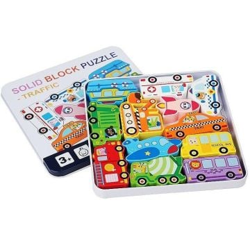 Puzzle drewniane pojazdy w metalowym pudełku