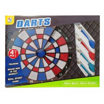 Dart z kolorową tarczą i czterema rzutkami