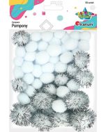 Pompony poliestrowe i brokatowe białe 50szt.