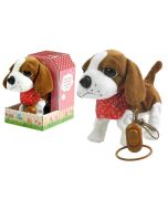 Interaktywny pies biało-brązowy na smyczy + buda