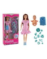 Lalka w ciąży różowa sukienka z akcesoriami