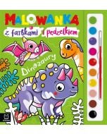 Malowanka z farbkami i pędzelkiem. Dinozaury