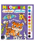 Malowanka z farbkami i pędzelkiem. Zwierzęta