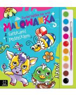 Malowanka z farbkami i pędzelkiem. Zwierzątka