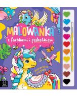 Malowanka z farbkami i pędzelkiem. Jednorożce