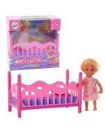 Zestaw mini laleczka w piżamie + łóżeczko różowe