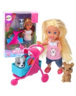 Zestaw mini laleczka wózek + piesek