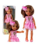 Lalka w różowej sukience długie brązowe włosy