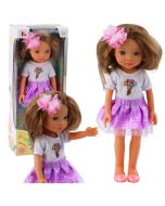 Lalka w fioletowej sukience długie brązowe włosy