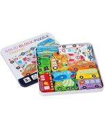 Puzzle drewniane pojazdy w metalowym pudełku